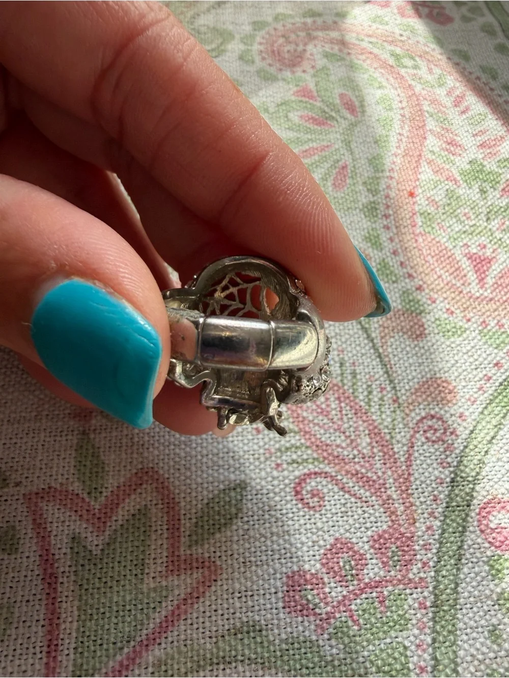 Crystal Rhinestone Silver Tone Skull and Spider Statement Ring Edgy Goth